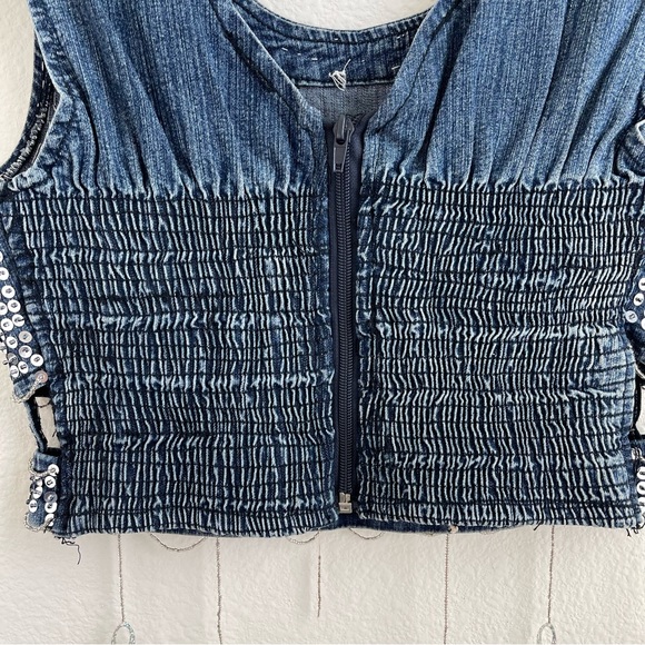 KBB JEANS Vintage 90s Dark Wash Denim Sequin Beaded Handmade Smocked Tank Top - Picture 9 of 11